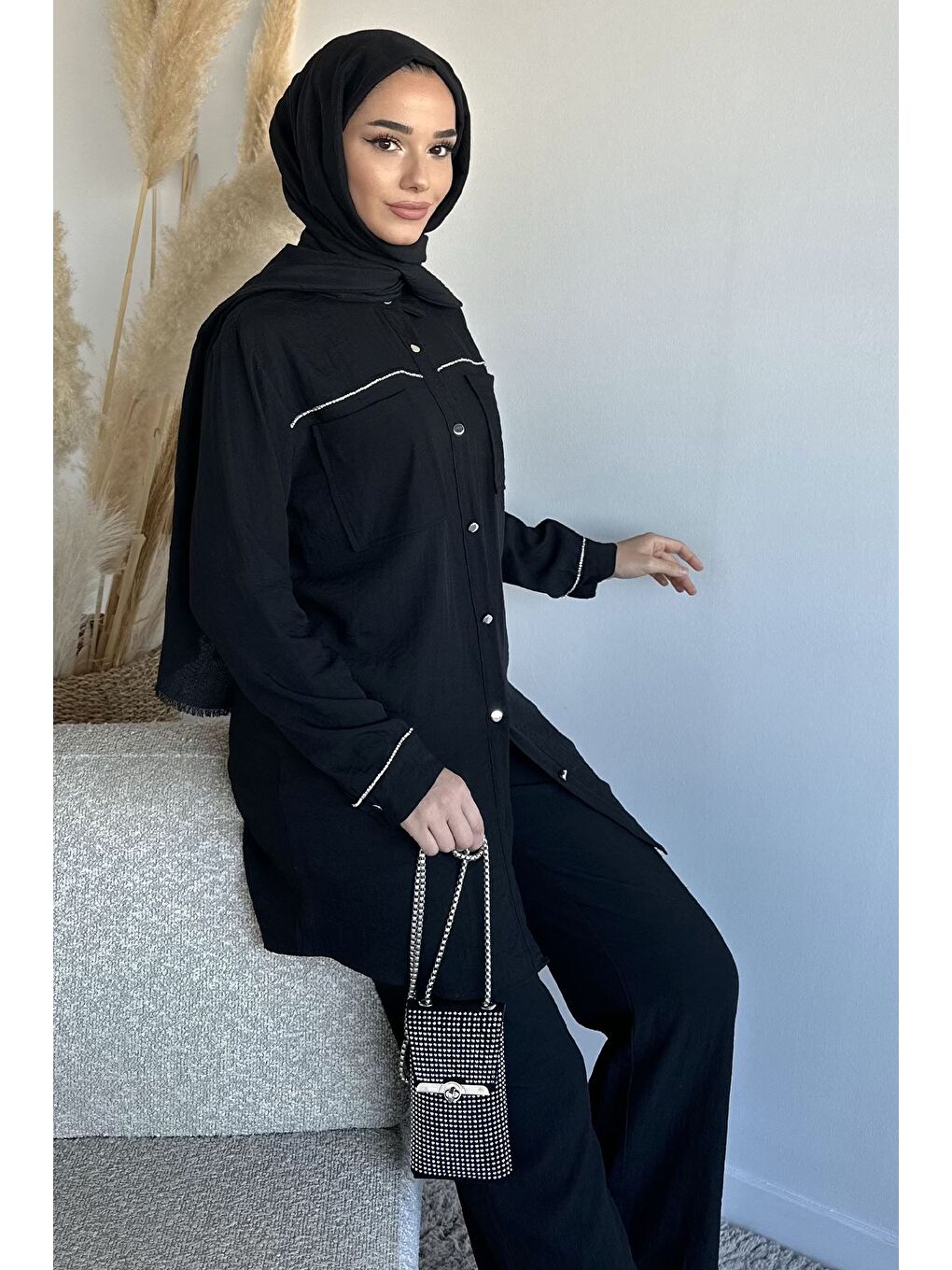 Siyah Çift Cepli Taşlı Tunik Pantolon Tesettür İkili Takım-3