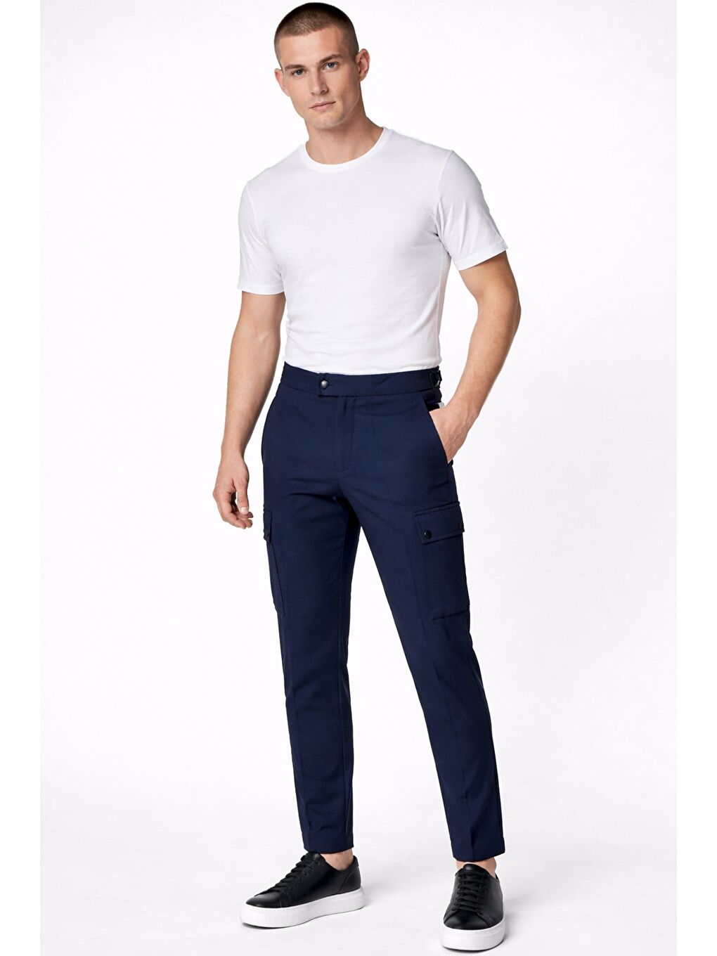 Giotelli Erkek Lacivert Dar Kesim Slim Fit Yünlü Dokuma Kargo Cep Normal Bel 6 Drop Pantolon-2