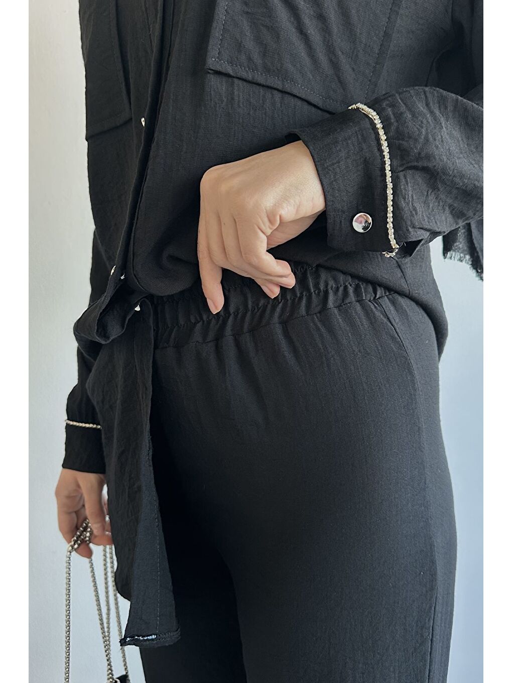 Siyah Çift Cepli Taşlı Tunik Pantolon Tesettür İkili Takım-4