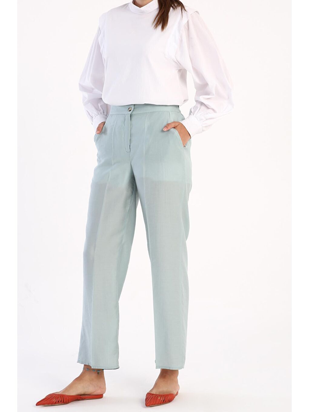 Yeşil Mint Ütü İzli Boru Paça Pantolon-2