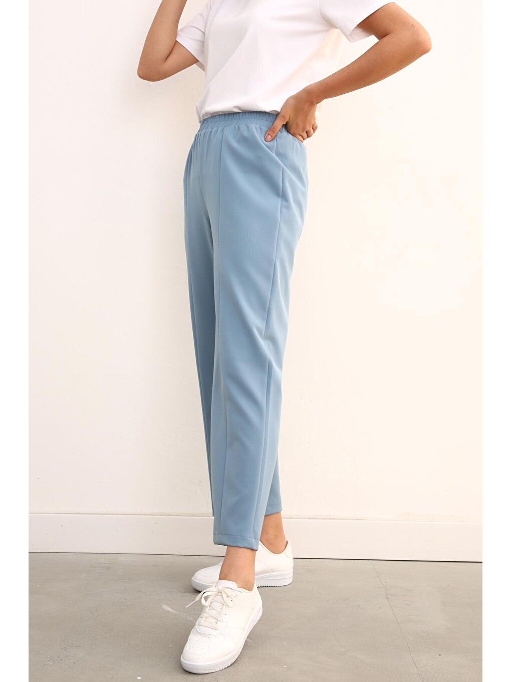 Mavi Beli Lastikli Bol Paça Pantolon-2