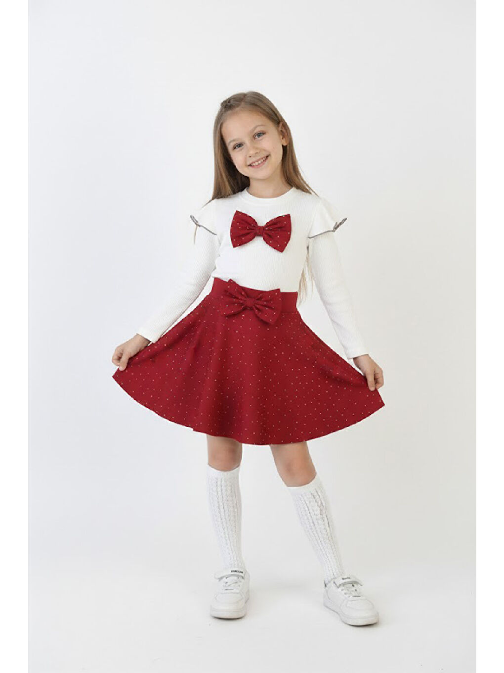 Kırmızı Kız Çocuk 2'li Elbise Taş Süslemeli Etek+Omuz Detaylı ve Fiyonklu Bluz 4-9 Yaş 12503