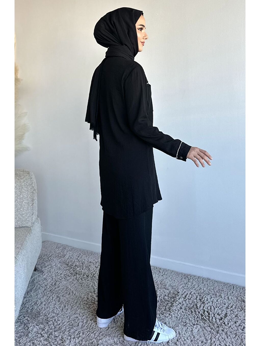 Siyah Çift Cepli Taşlı Tunik Pantolon Tesettür İkili Takım-6