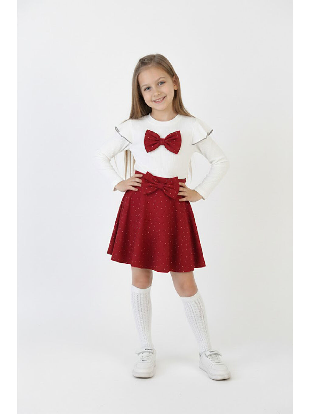 Kırmızı Kız Çocuk 2'li Elbise Taş Süslemeli Etek+Omuz Detaylı ve Fiyonklu Bluz 4-9 Yaş 12503-1