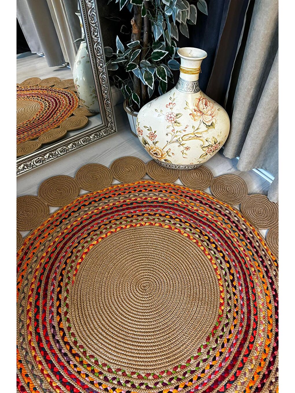 Bej Natural Jüt Halı El Dokuma Hasır Yolluk Bohem Jüt Kilim HMFJUT417 150 x 150 cm-2