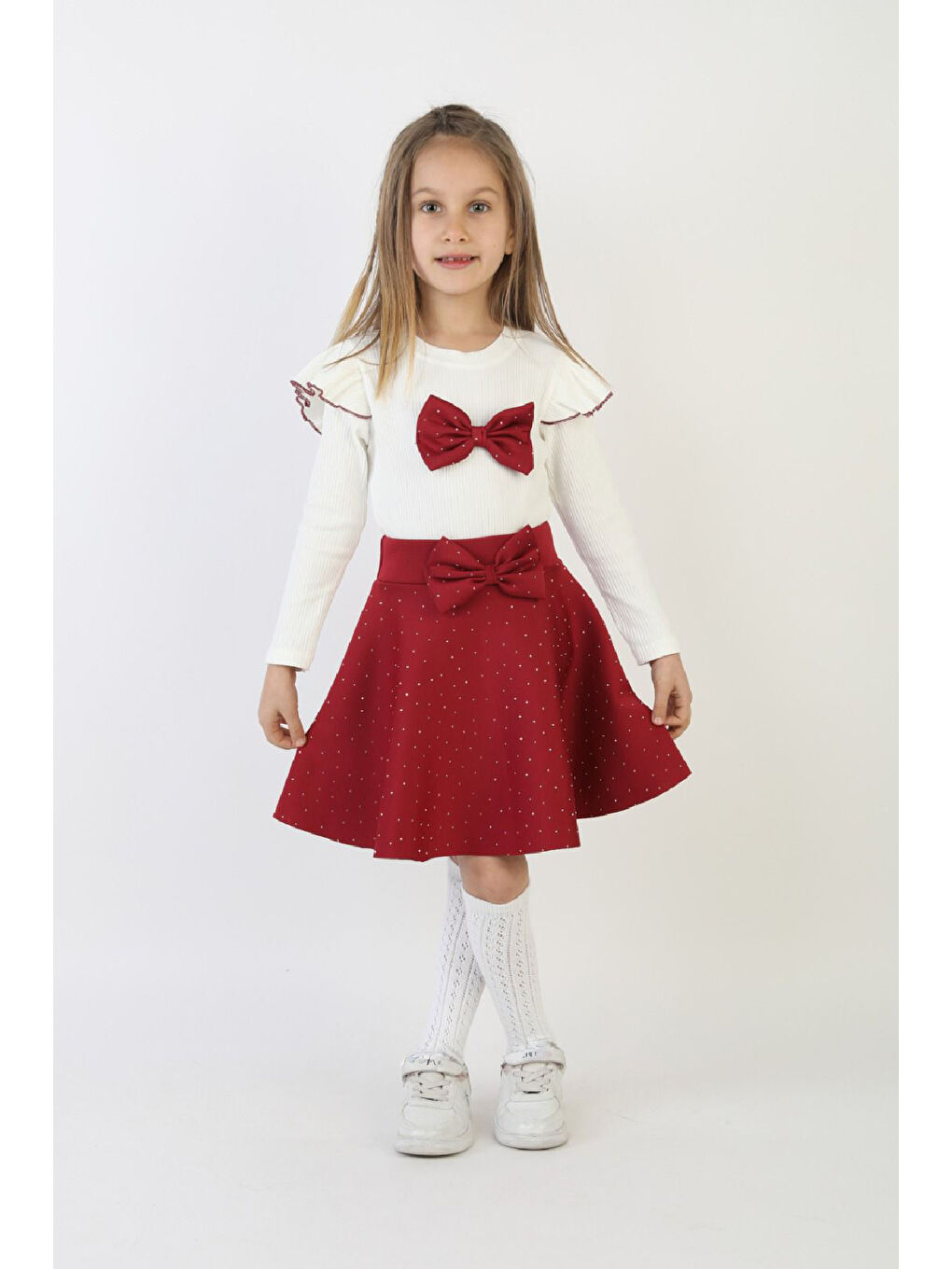 Kırmızı Kız Çocuk 2'li Elbise Taş Süslemeli Etek+Omuz Detaylı ve Fiyonklu Bluz 4-9 Yaş 12503-2