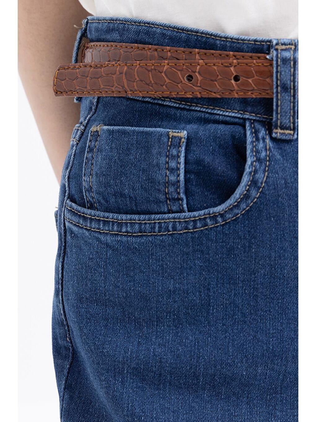 Koyu Mavi-Likralı Geniş Paça Denim Pantolon-3