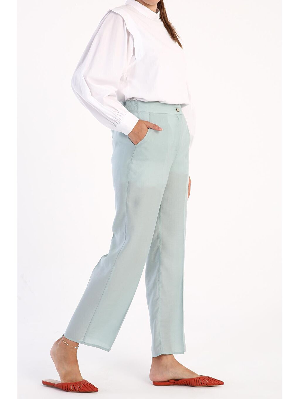 Yeşil Mint Ütü İzli Boru Paça Pantolon-3