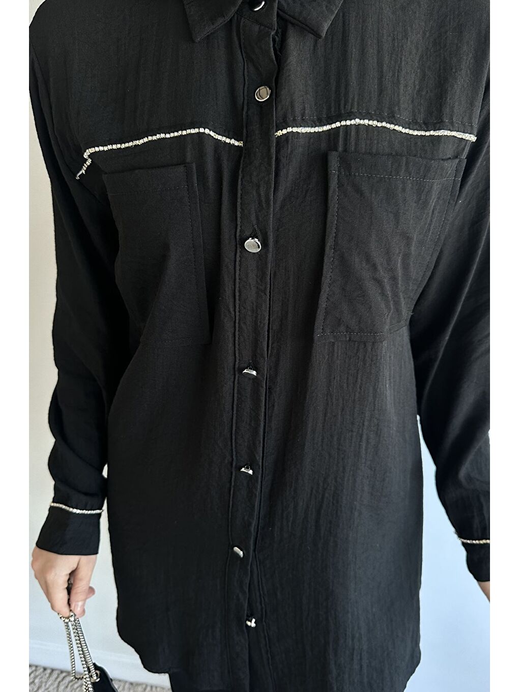 Siyah Çift Cepli Taşlı Tunik Pantolon Tesettür İkili Takım-8