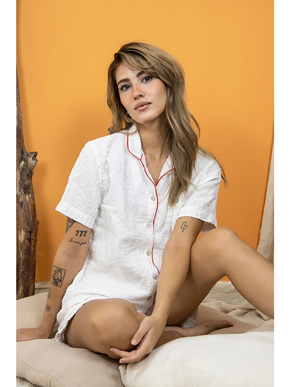 %100 Pamuk Müslin Kadın Şortlu Pijama & Ev Giyim Takımı – Beyaz