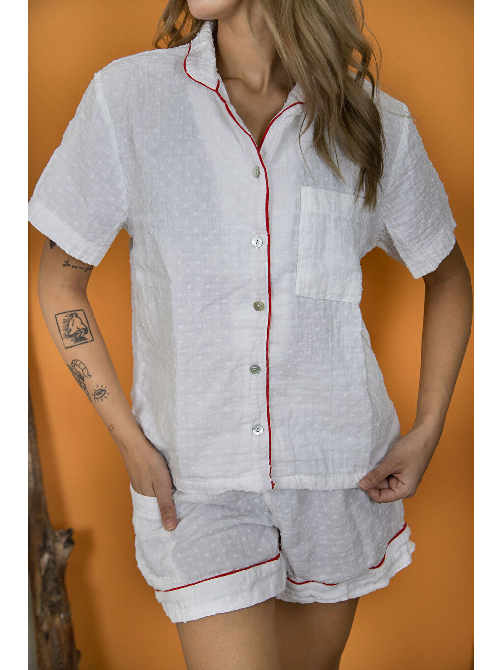 %100 Pamuk Müslin Kadın Şortlu Pijama & Ev Giyim Takımı – Beyaz-2