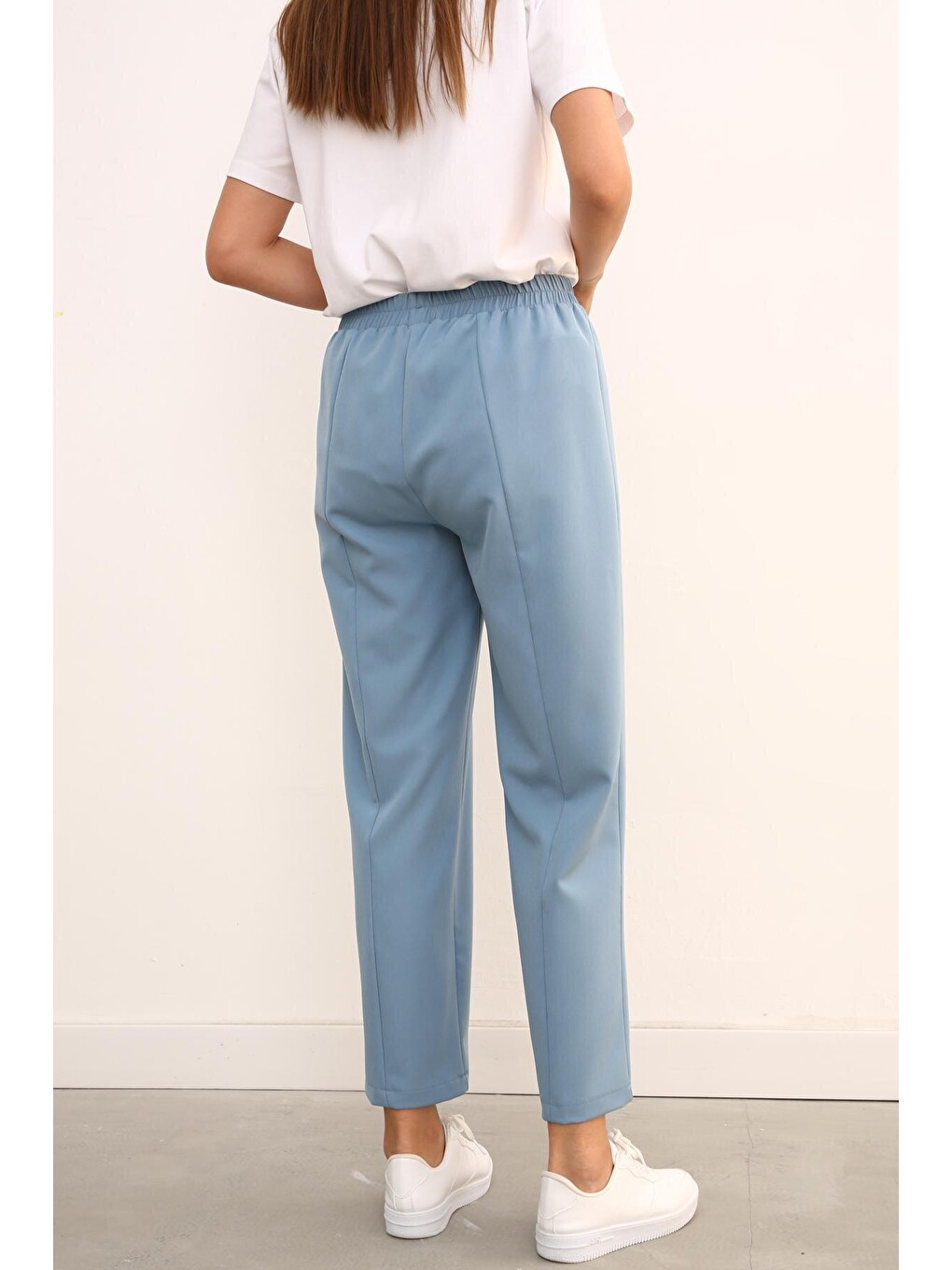 Mavi Beli Lastikli Bol Paça Pantolon-4