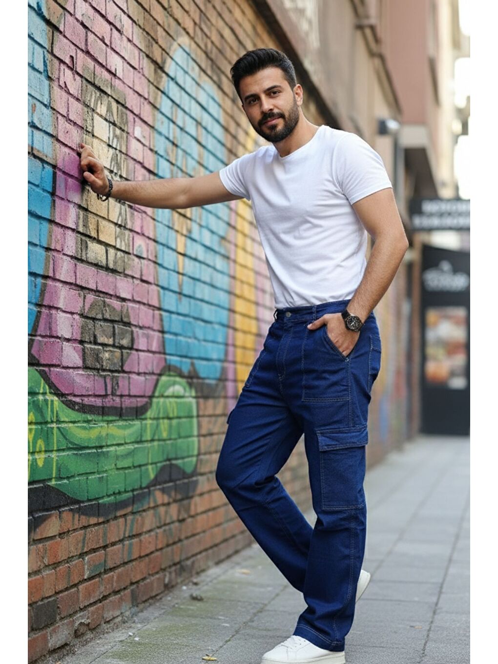 Lacivert Yan Cepli Kargo Baggy Pantolon-3
