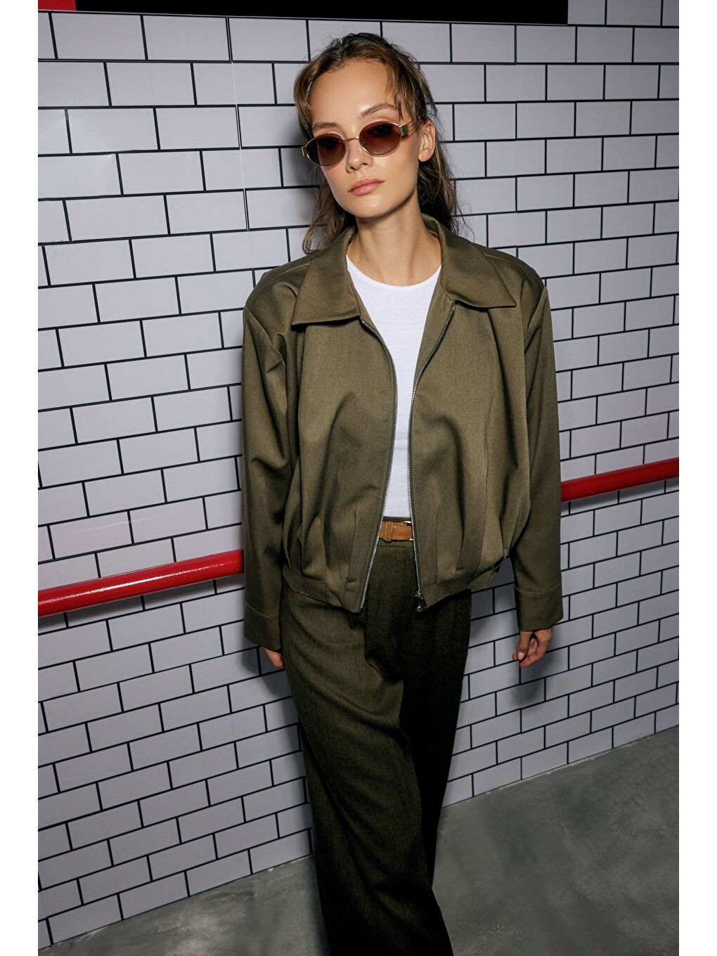 Pile Detaylı Poliviskon Ceket Haki