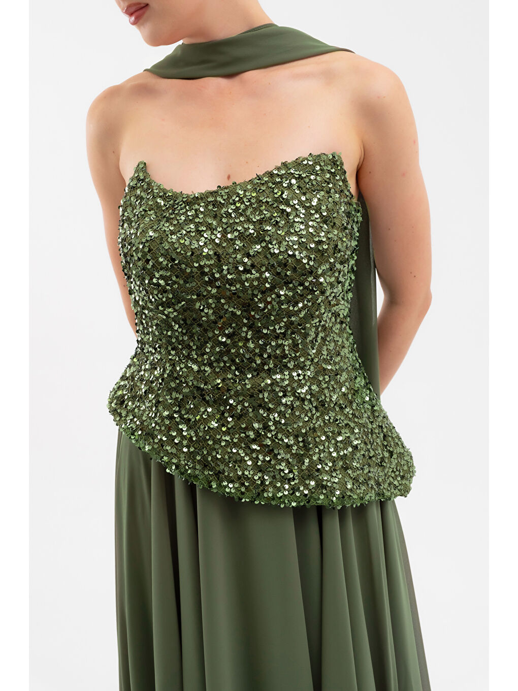 Kadın Haki Straplez Pul Payet Piliseli Uzun Abiye Elbise-3