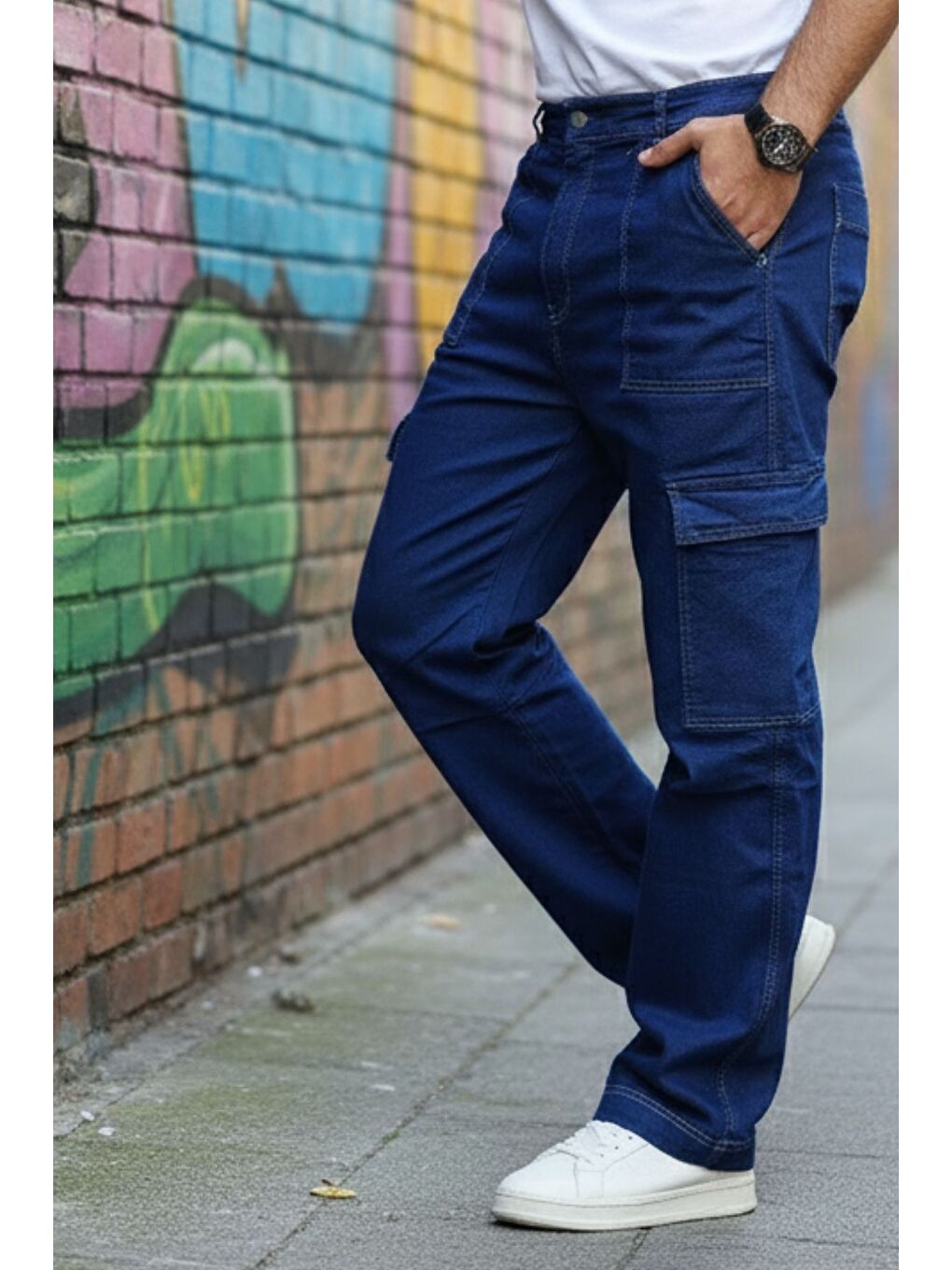 Lacivert Yan Cepli Kargo Baggy Pantolon-5