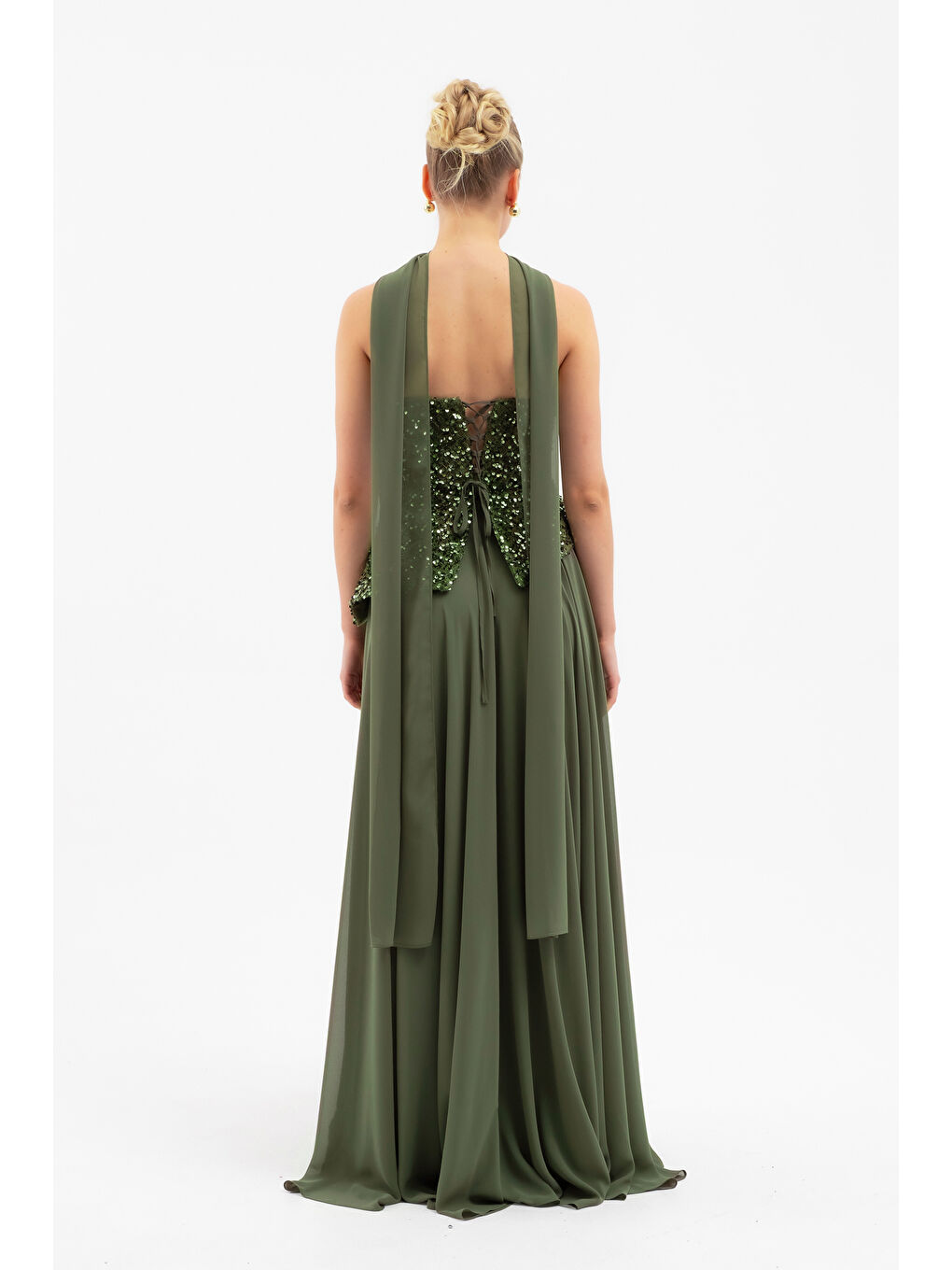 Kadın Haki Straplez Pul Payet Piliseli Uzun Abiye Elbise-5