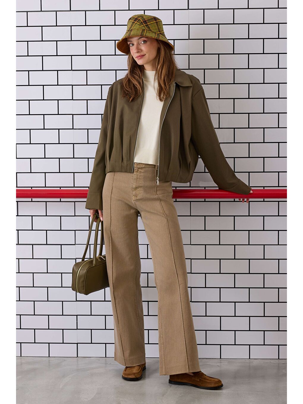 Pile Detaylı Poliviskon Ceket Haki-1