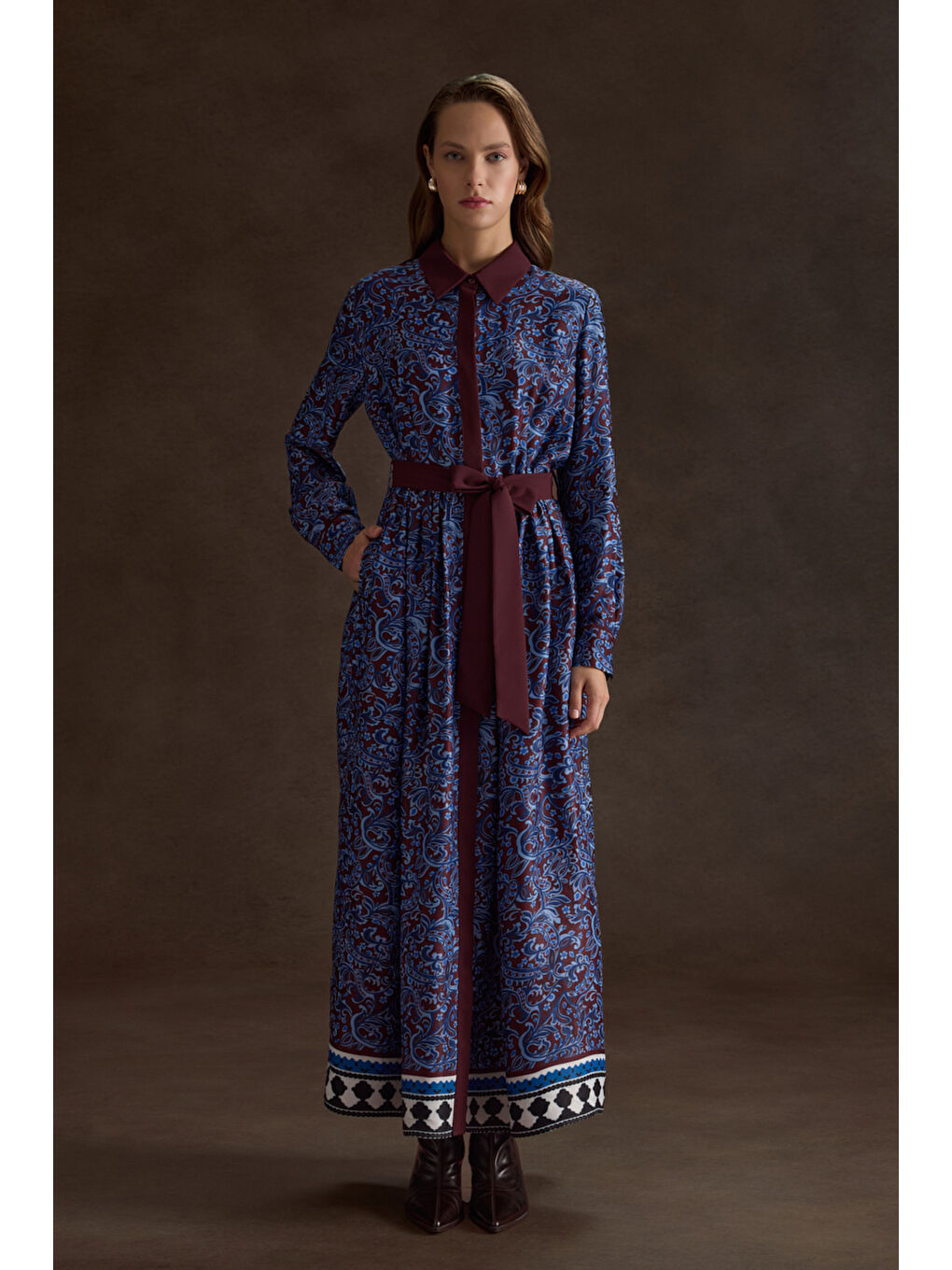 Bordo Desenli Viscon Elbise