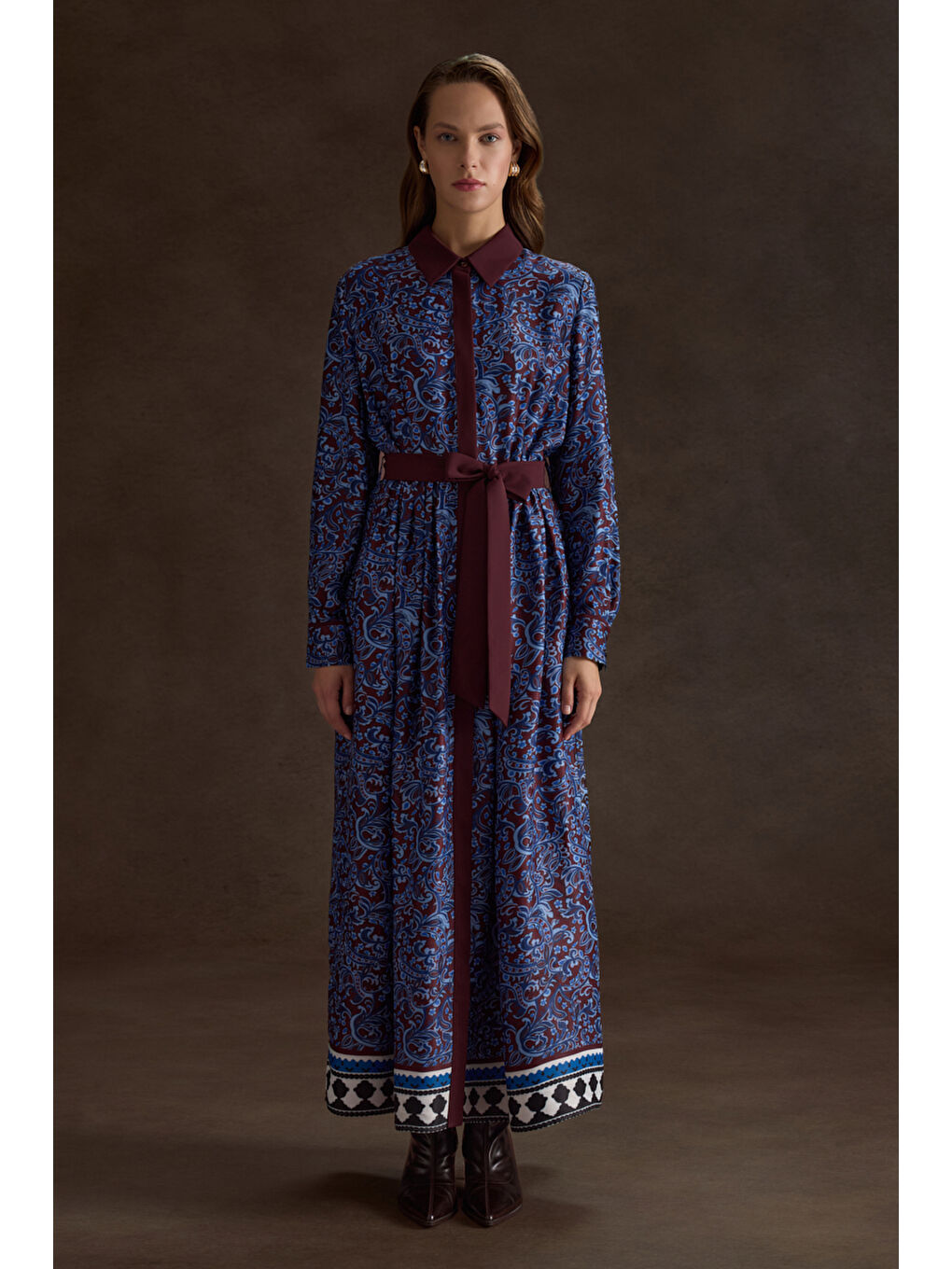 Bordo Desenli Viscon Elbise-1