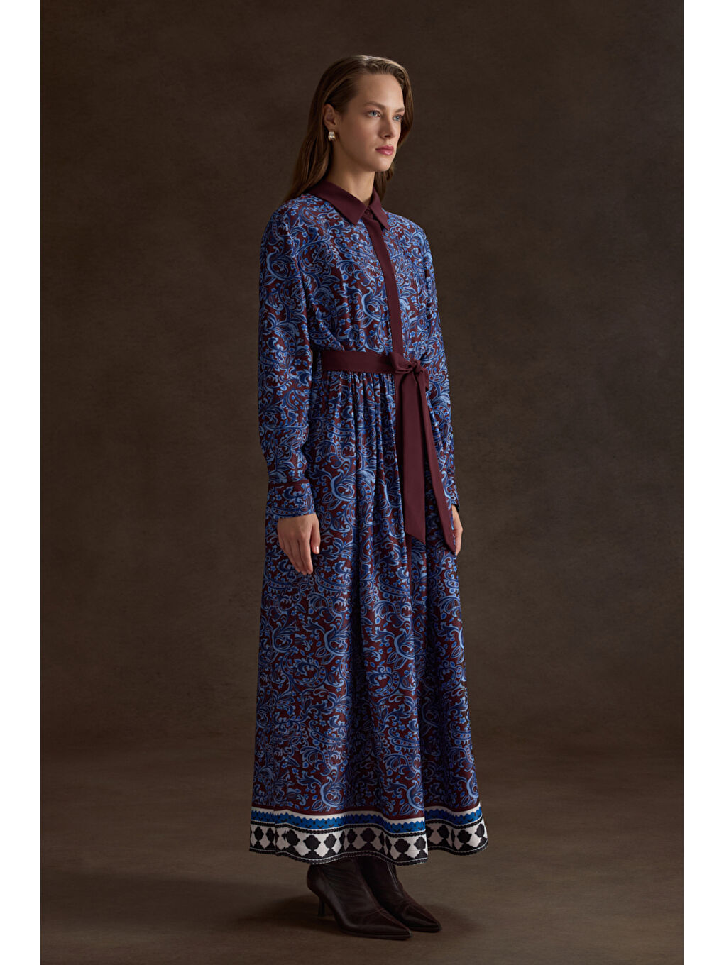 Bordo Desenli Viscon Elbise-2