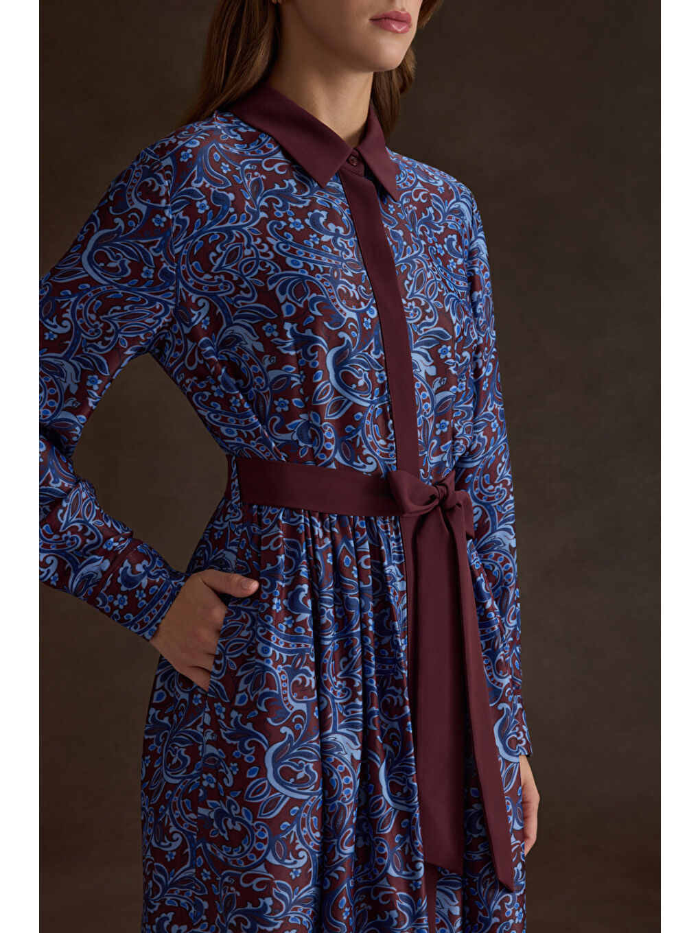 Bordo Desenli Viscon Elbise-3