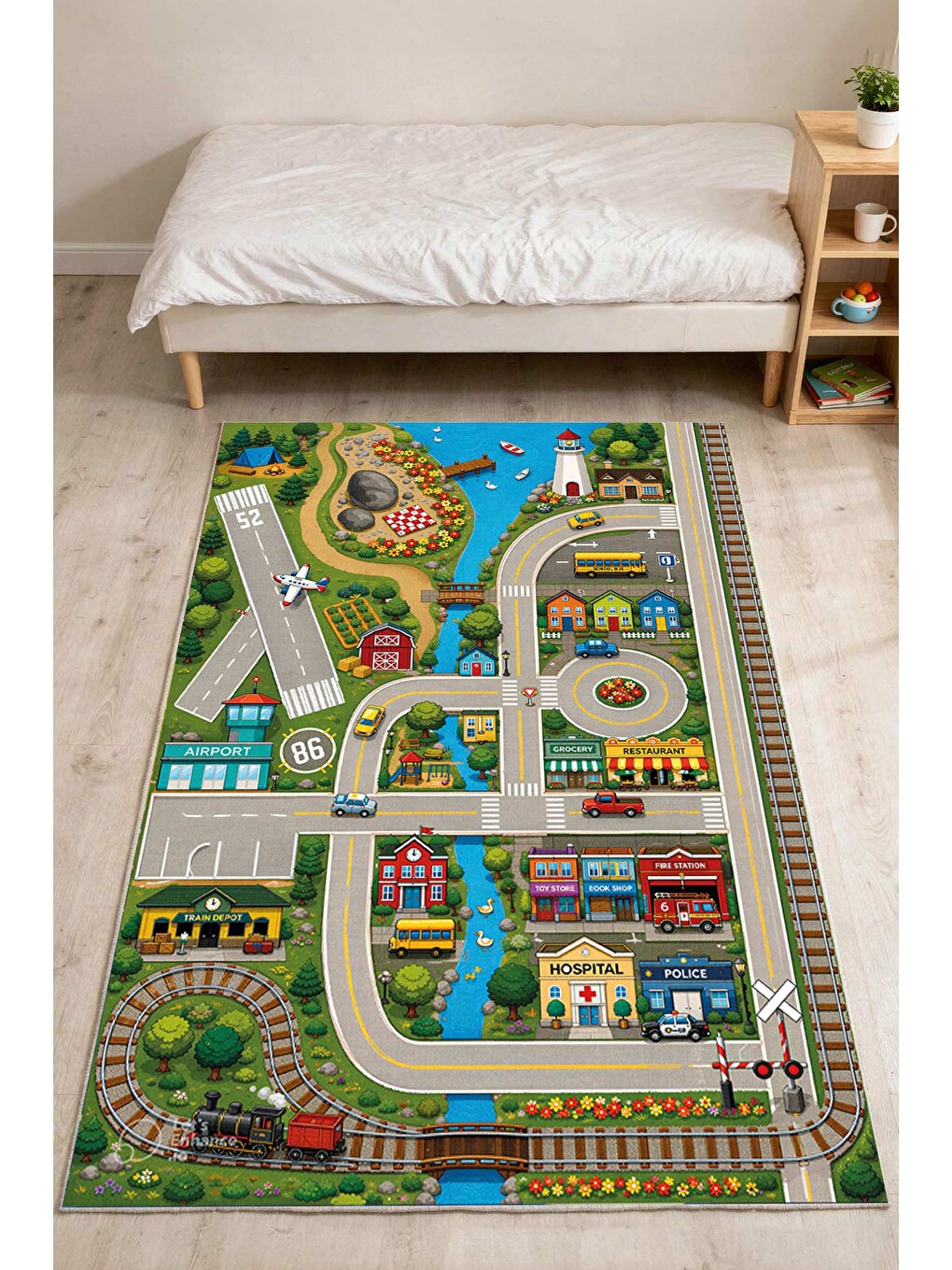 Yeşil Modern Çocuk Halısı Kaymaz Tabanlı Makinede Yıkanabilir Çocuk Odası Halısı-2