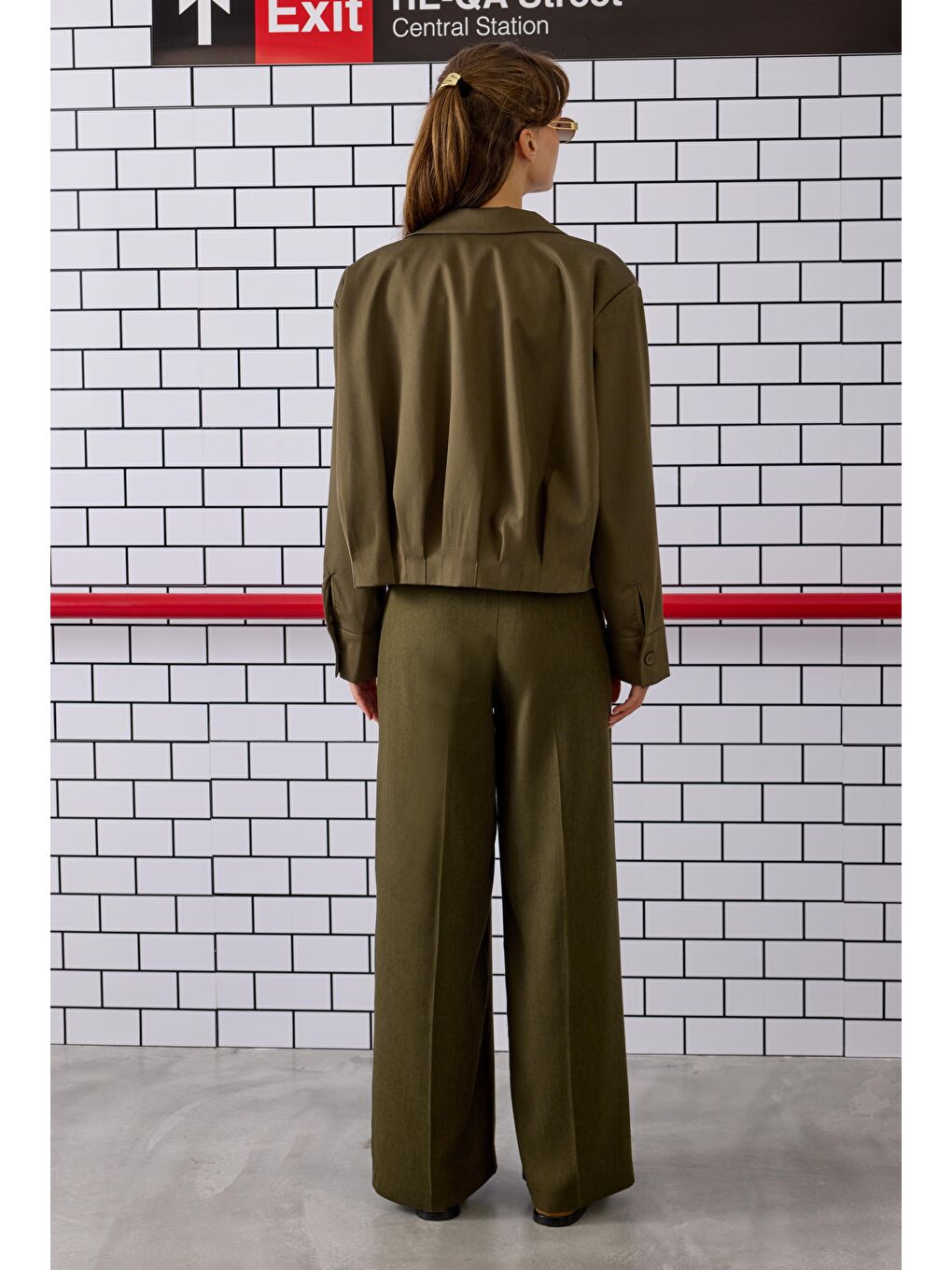 Pile Detaylı Poliviskon Ceket Haki-4