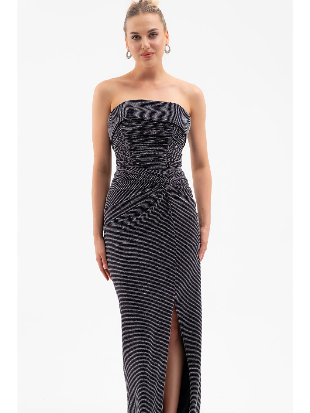 Kadın Gri Straplez Yaka Düğüm Detay Uzun Abiye Elbise-1