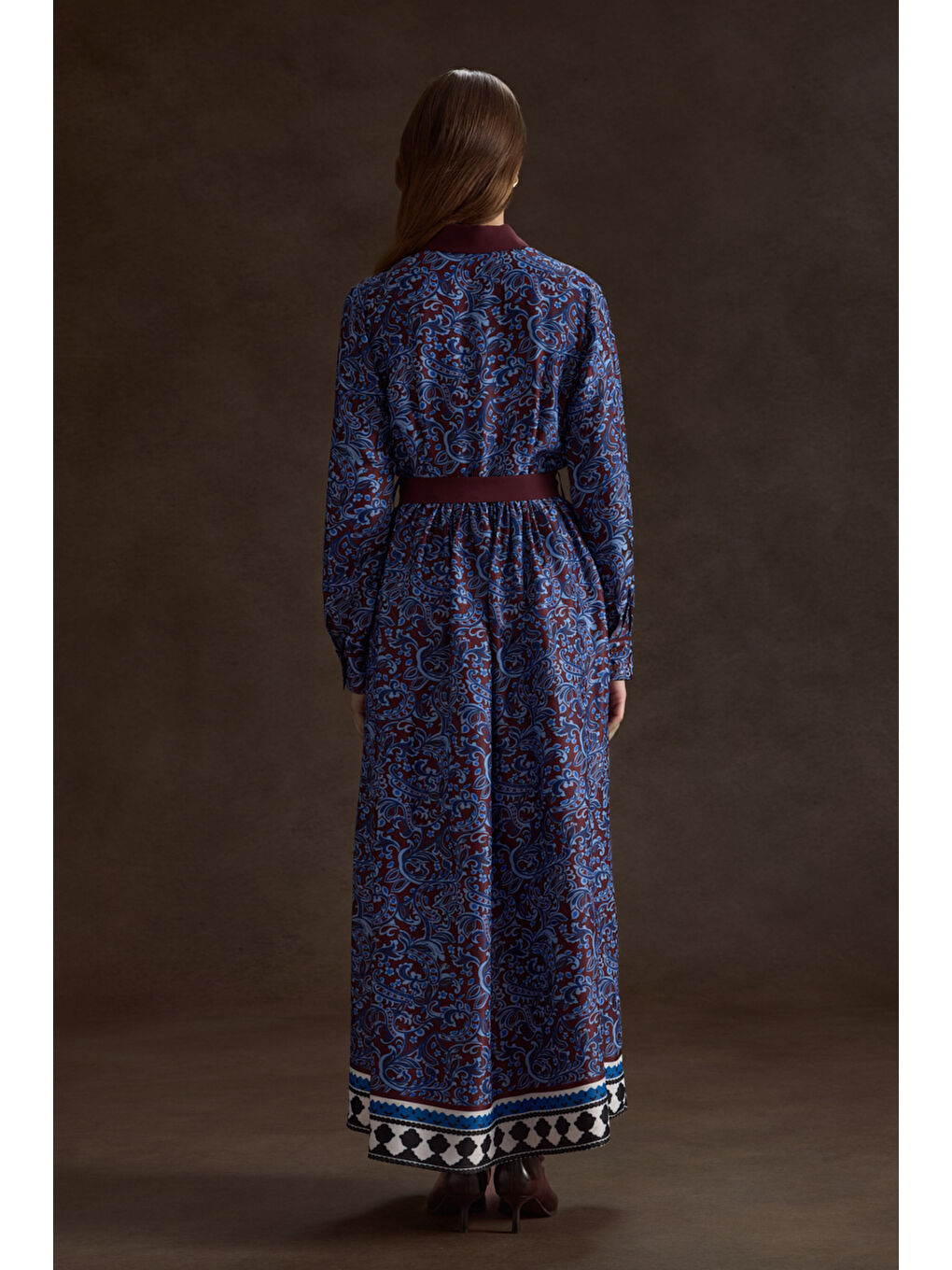 Bordo Desenli Viscon Elbise-5