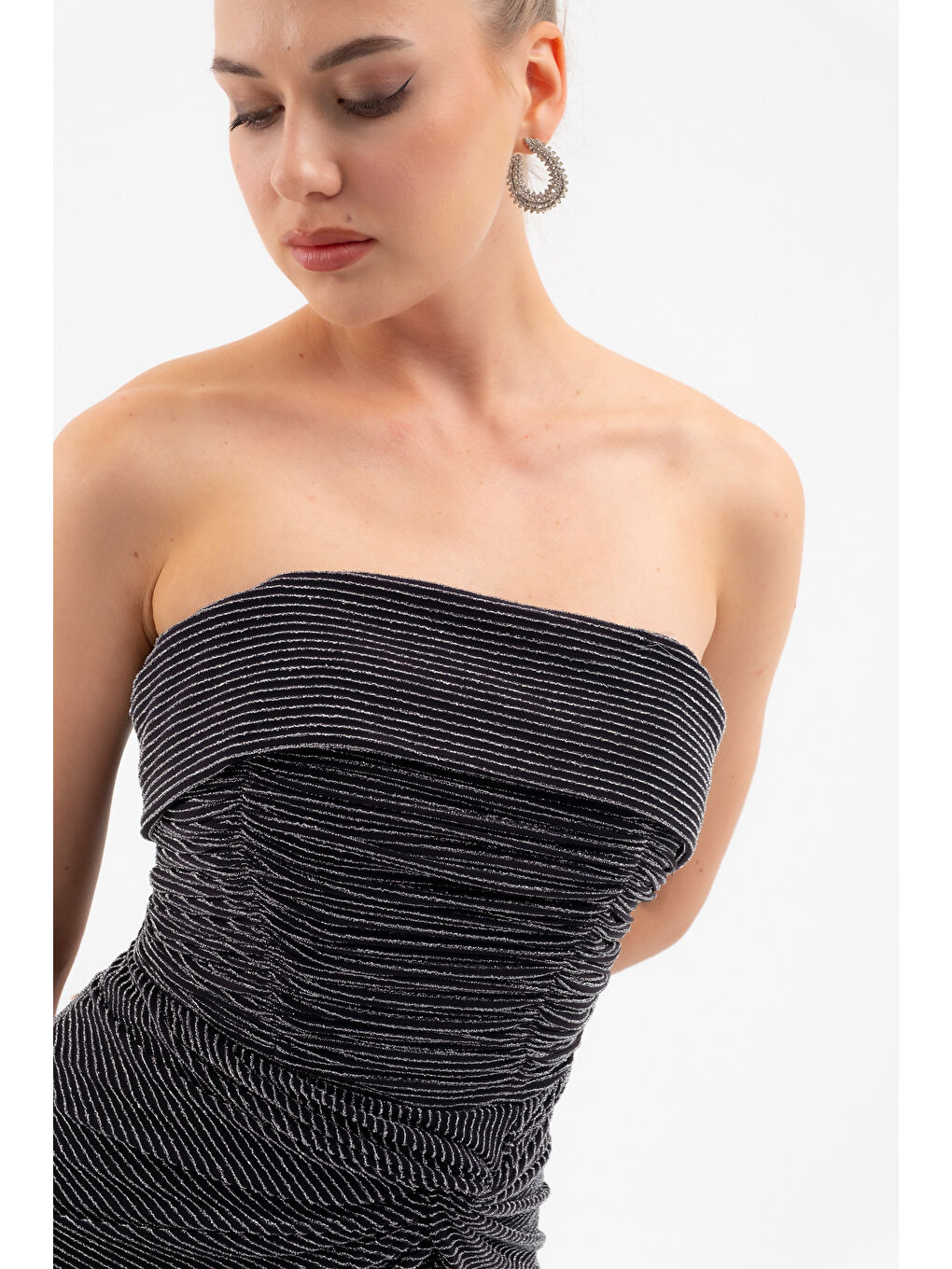 Kadın Gri Straplez Yaka Düğüm Detay Uzun Abiye Elbise-4