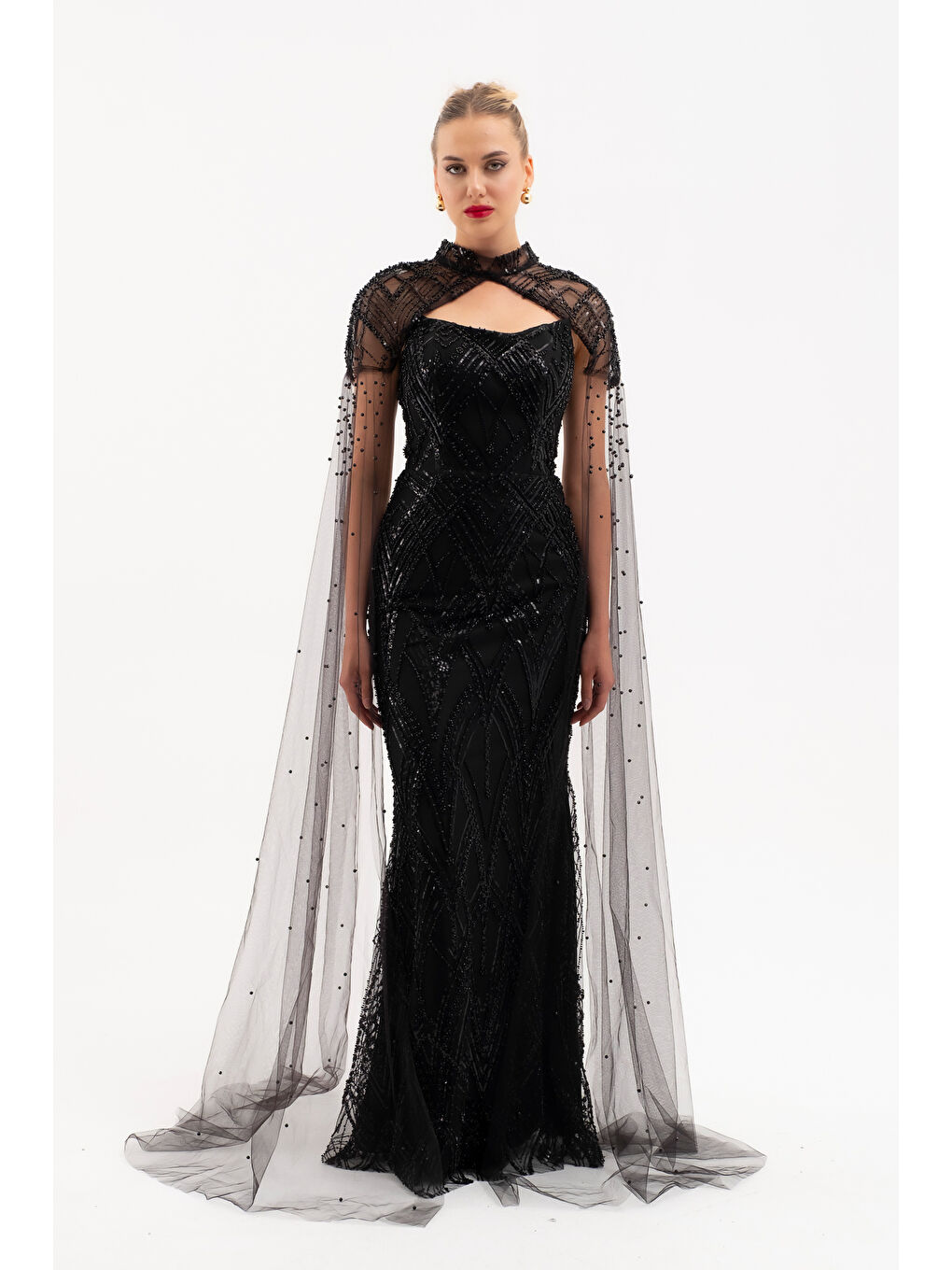 Kadın Siyah Şal Detay Boncuklu Uzun Abiye Elbise-1