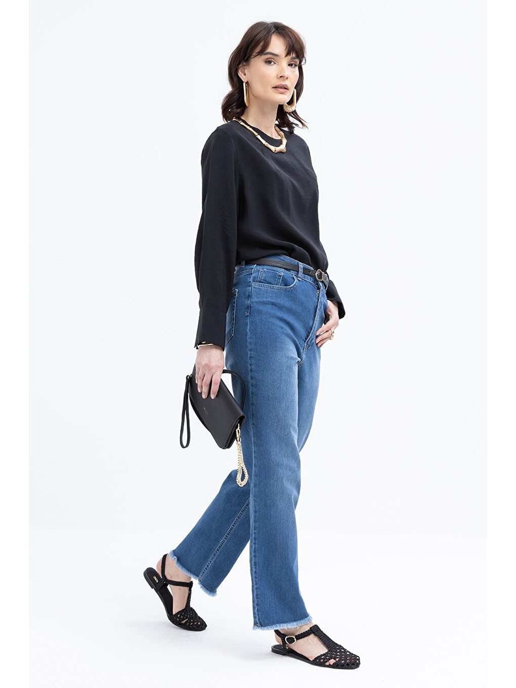 Açık Mavi-Likralı Geniş Paça Denim Pantolon