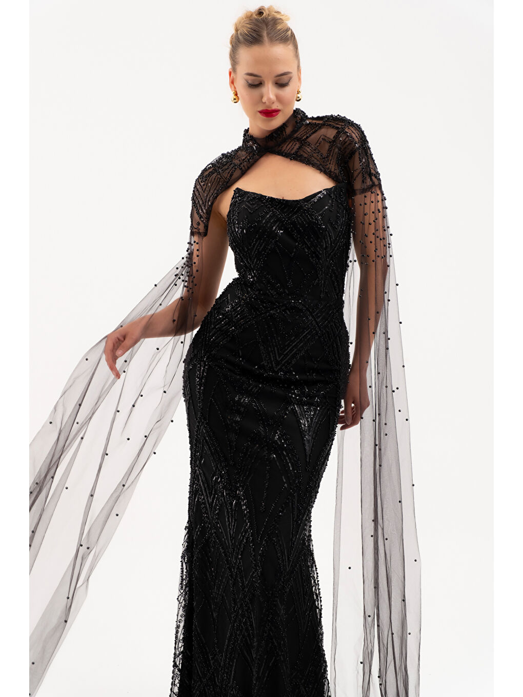 Kadın Siyah Şal Detay Boncuklu Uzun Abiye Elbise-2