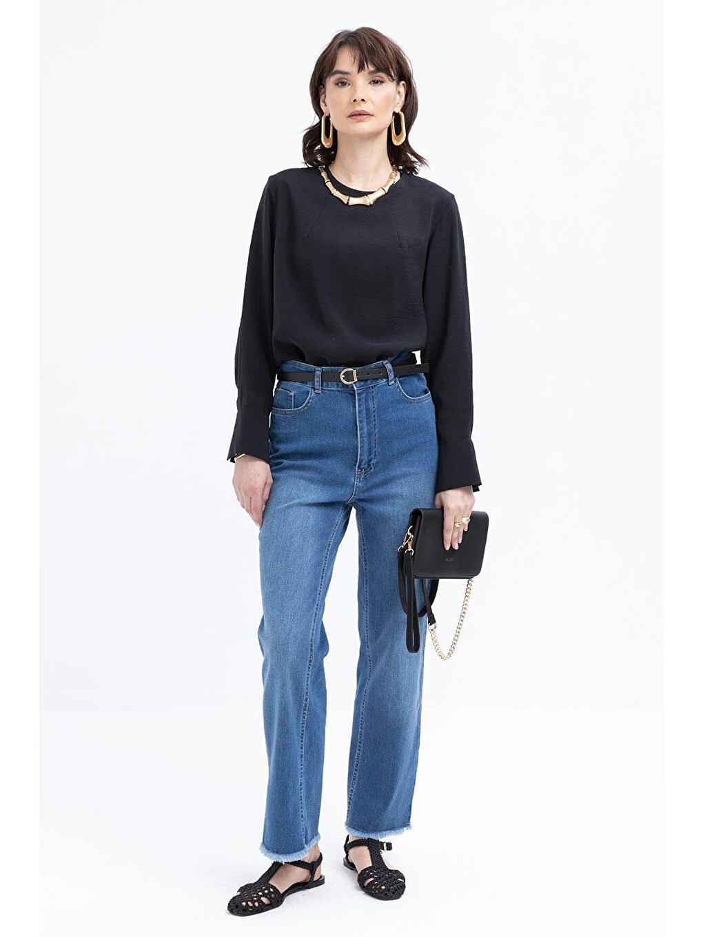 Açık Mavi-Likralı Geniş Paça Denim Pantolon-1