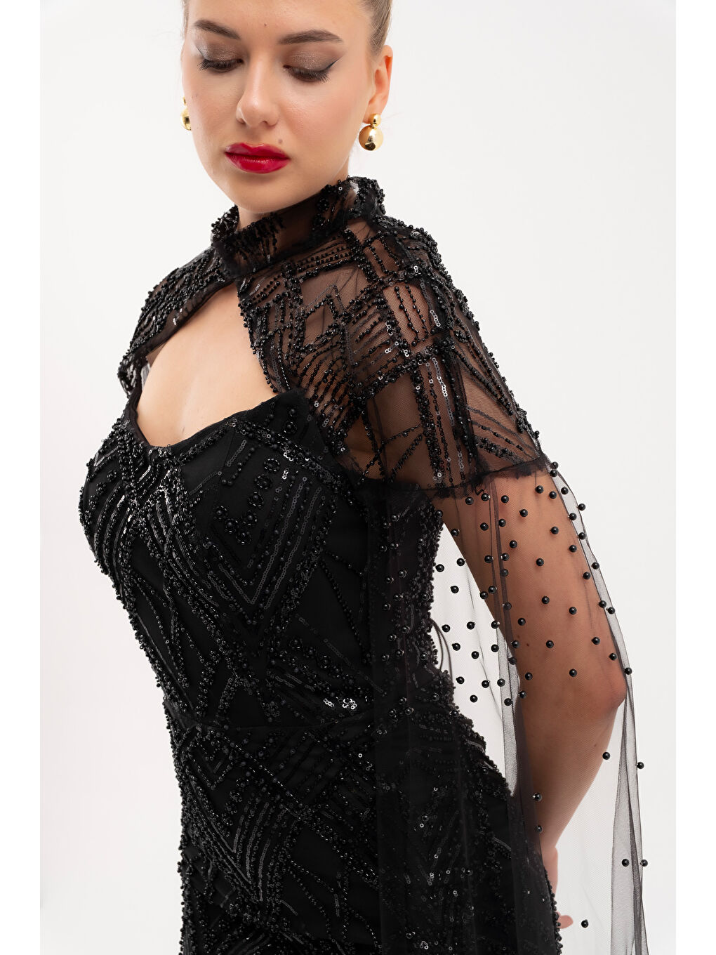 Kadın Siyah Şal Detay Boncuklu Uzun Abiye Elbise-3