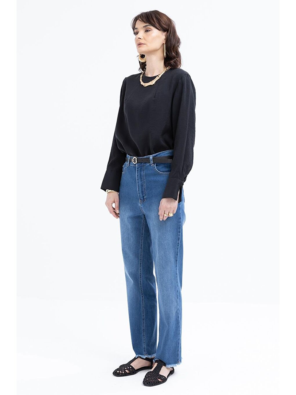 Açık Mavi-Likralı Geniş Paça Denim Pantolon-2