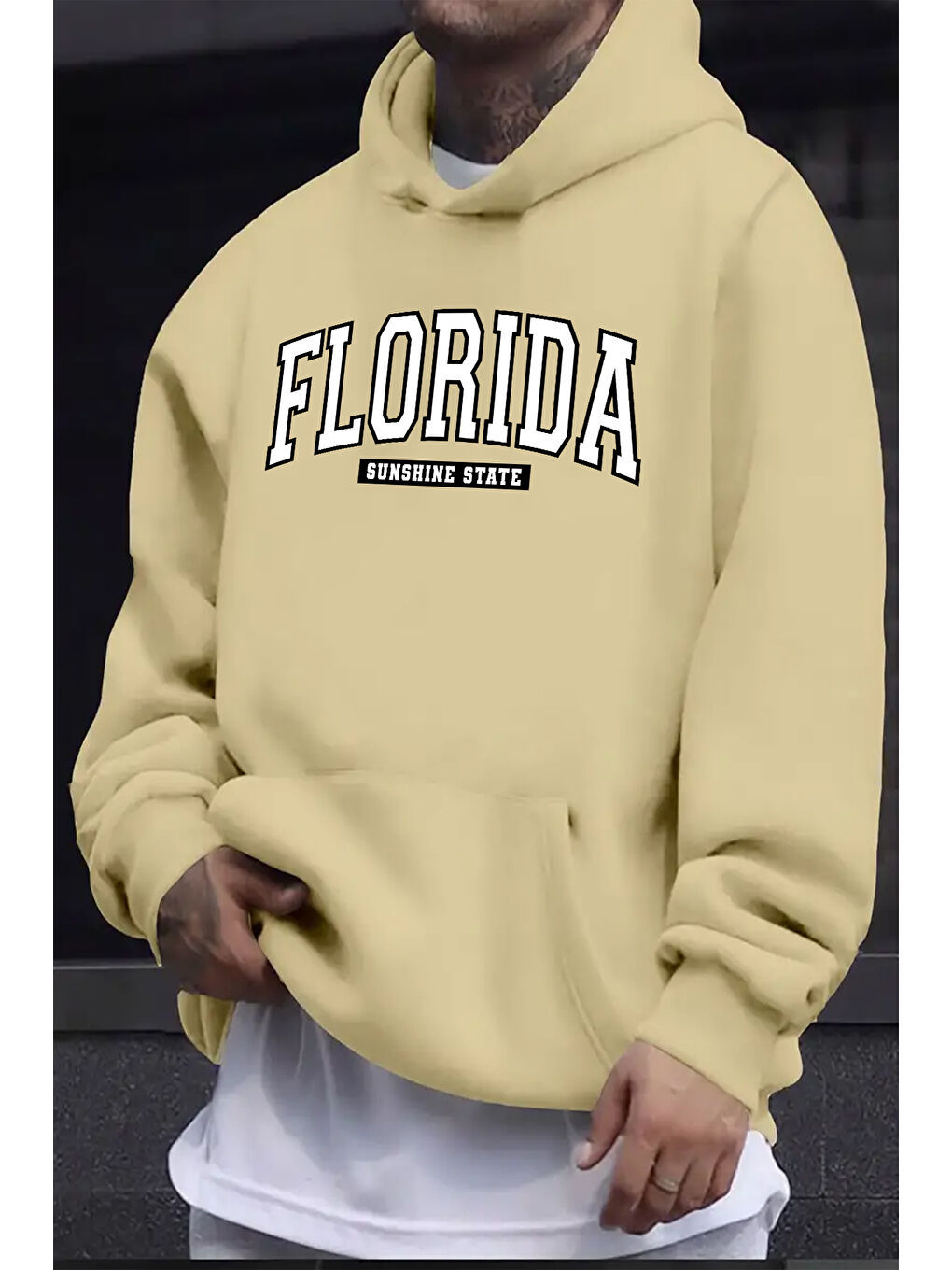 uyguntarz Bej Florida Baskılı Oversize Sweatshirt