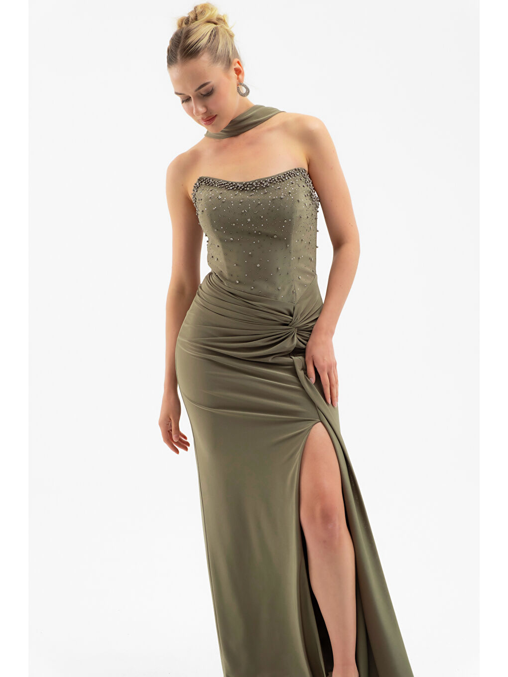 Kadın Haki Şal Yaka Taşlı Düğüm Detay Uzun Abiye Elbise-2