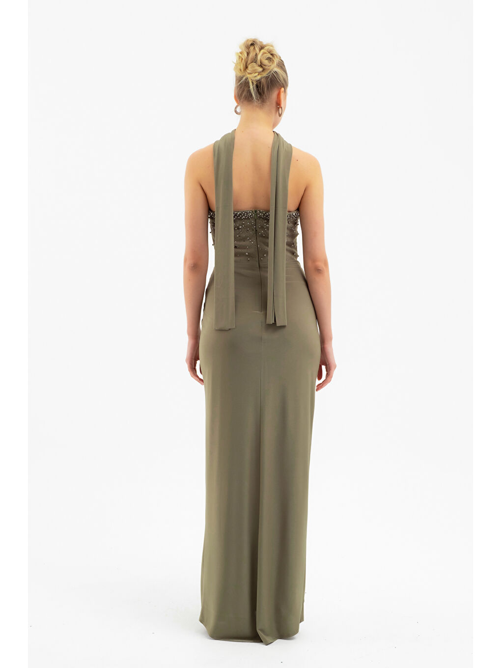 Kadın Haki Şal Yaka Taşlı Düğüm Detay Uzun Abiye Elbise-5
