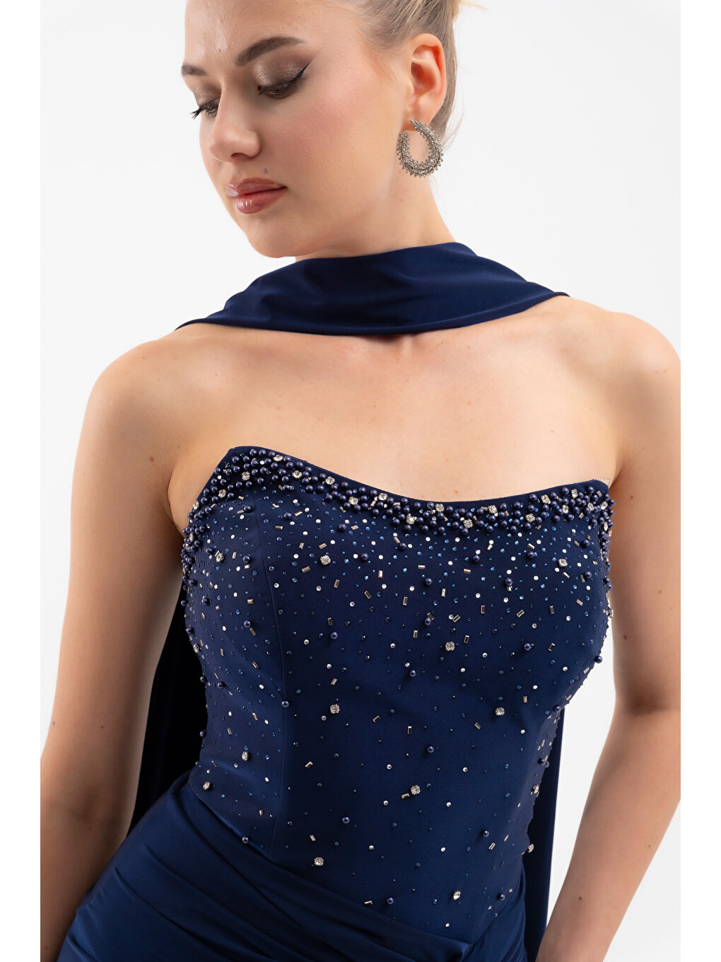 Kadın Lacivert Şal Yaka Taşlı Düğüm Detay Uzun Abiye Elbise-4