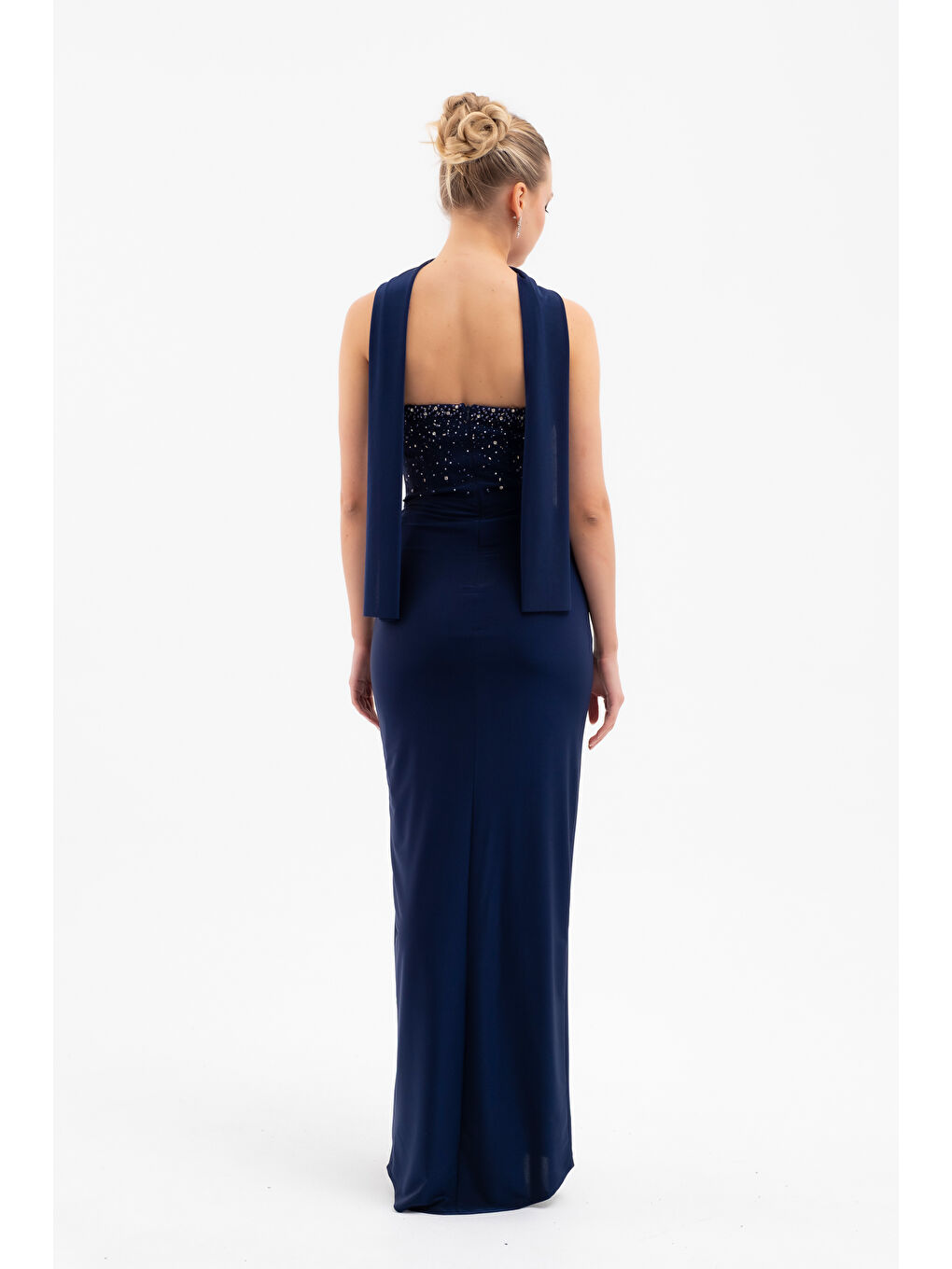 Kadın Lacivert Şal Yaka Taşlı Düğüm Detay Uzun Abiye Elbise-5