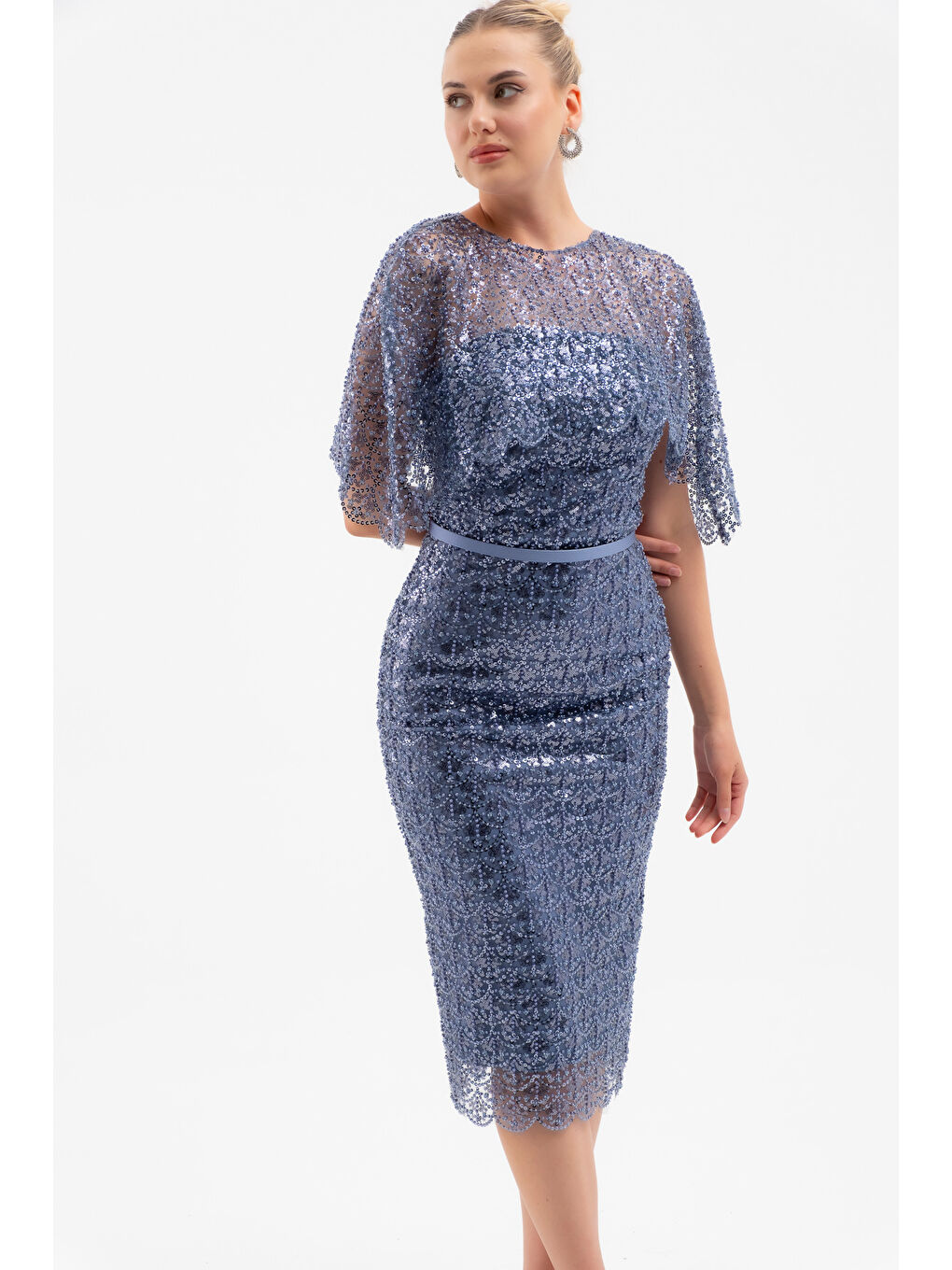 Kadın İndigo Bolero Detay Boncuklu Midi Söz Nişan Abiye Elbise-1