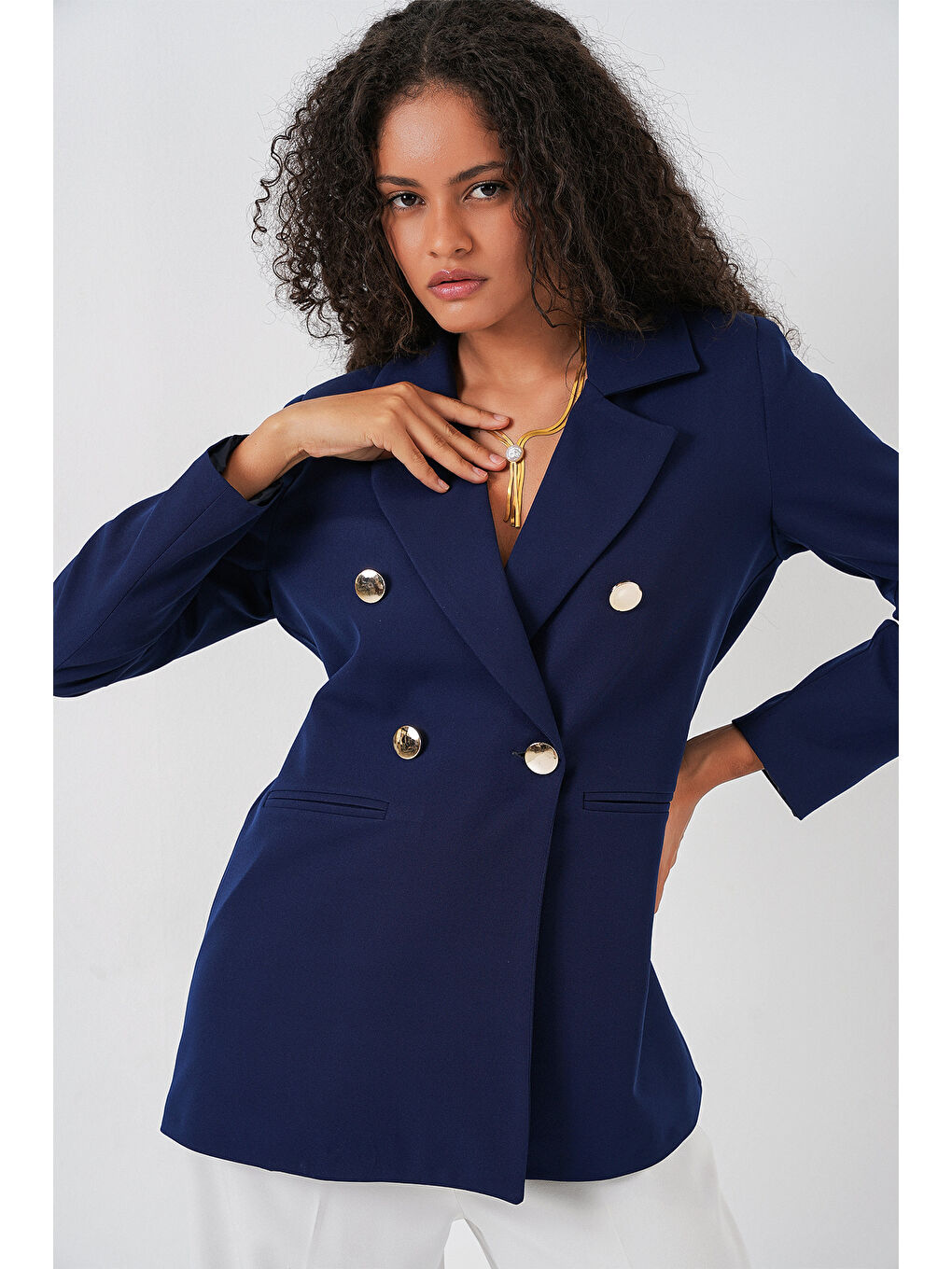 Kadın Kruvaze Yaka Blazer Ceket 0722 - Lacivert