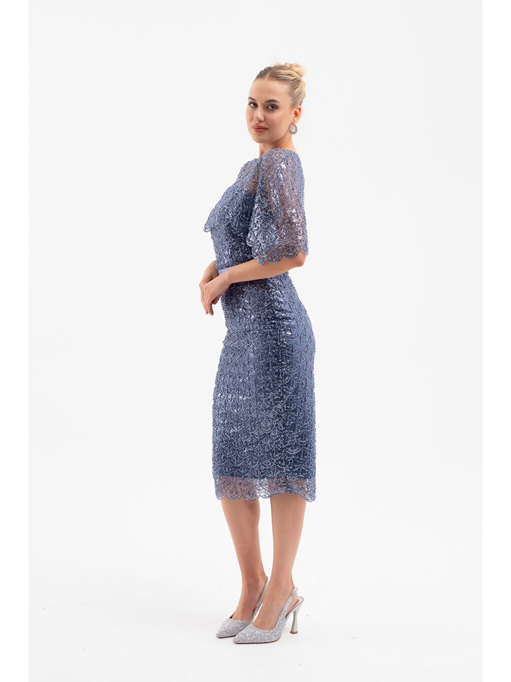 Kadın İndigo Bolero Detay Boncuklu Midi Söz Nişan Abiye Elbise-2