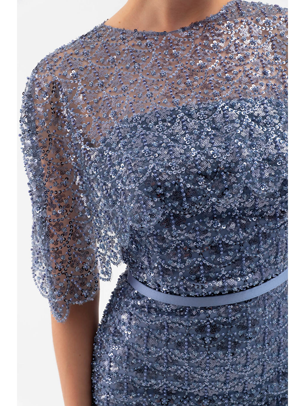 Kadın İndigo Bolero Detay Boncuklu Midi Söz Nişan Abiye Elbise-3