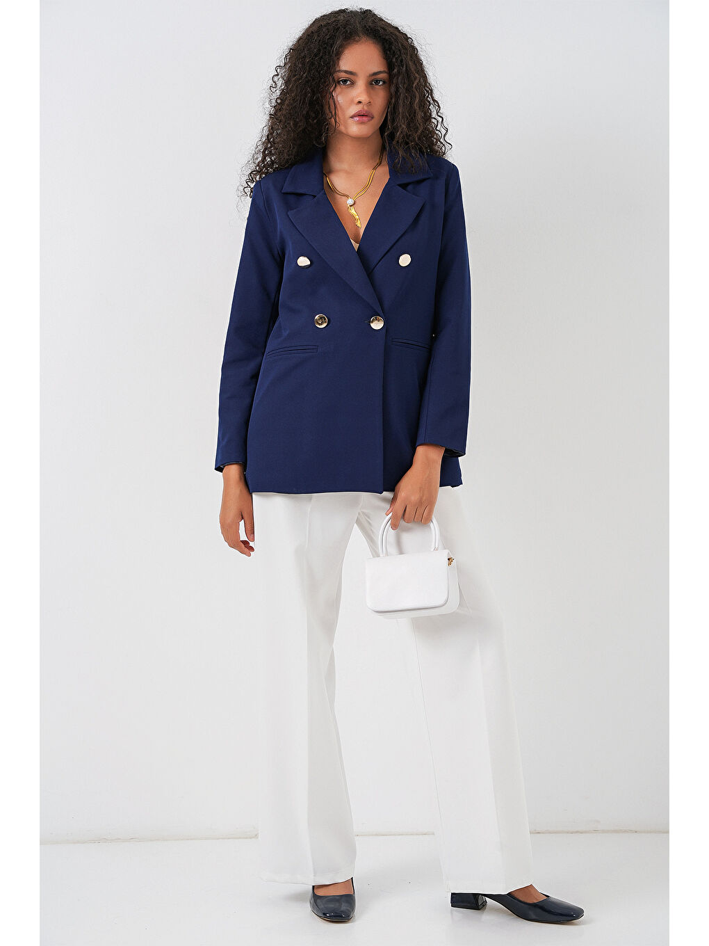 Kadın Kruvaze Yaka Blazer Ceket 0722 - Lacivert-1