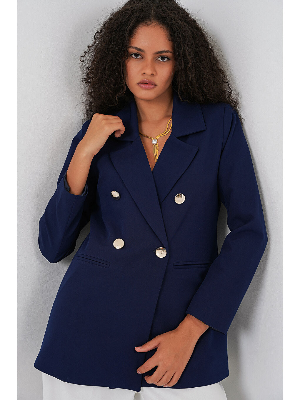Kadın Kruvaze Yaka Blazer Ceket 0722 - Lacivert-2
