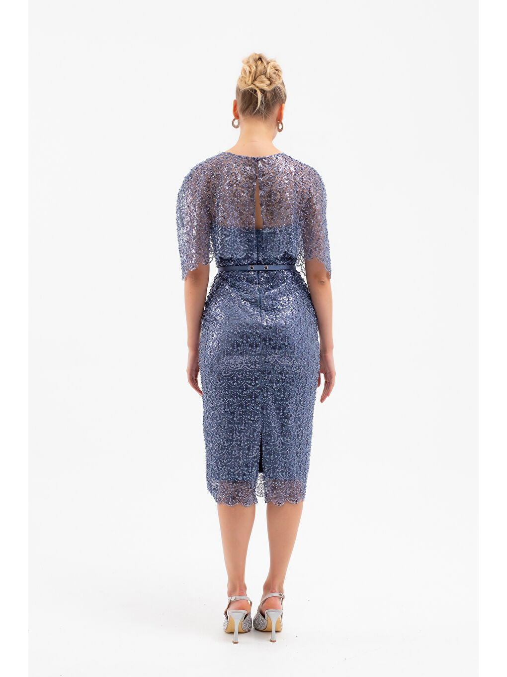 Kadın İndigo Bolero Detay Boncuklu Midi Söz Nişan Abiye Elbise-5