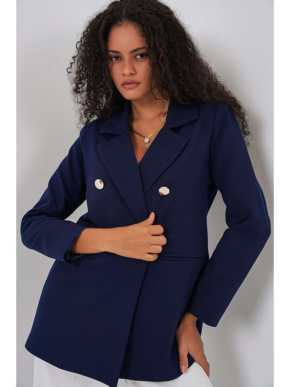 Kadın Kruvaze Yaka Blazer Ceket 0722 - Lacivert-3